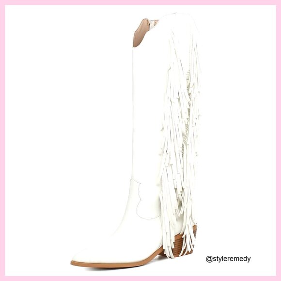 Knee High Cowboy Boots with Fringe Tassels Pointed Toe 2.19